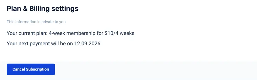 Plan & Billing settings with the ‘Cancel Subscription’ button