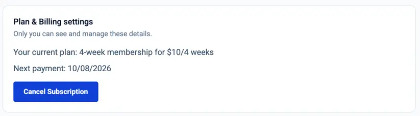 Plan & Billing settings with the ‘Cancel Subscription’ button