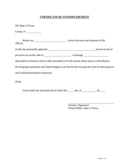 Texas Notary Acknowledgment for Cash Receipt form preview