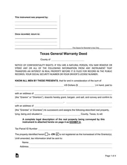 Texas Real Estate Ownership Transfer Warranty Deed - Confidentiality Rights Included form preview