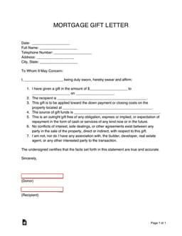 Mortgage Gift Letter Declaration and Certification form preview