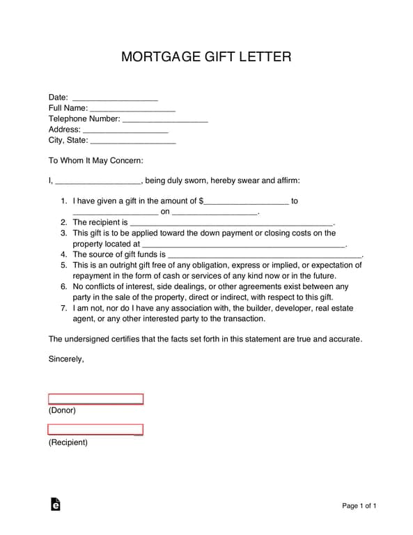 Mortgage Gift Letter Declaration and Certification