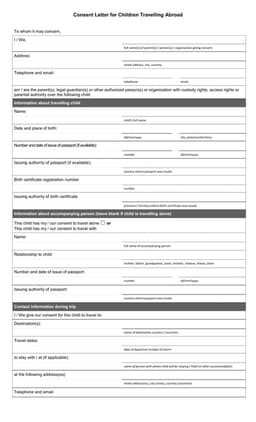 Child Travel Consent Abroad - Permission Documentation for Solo or Non-Guardian Accompanied Minor International Travelers form preview