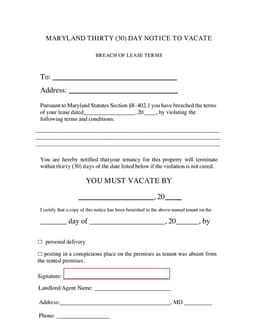 Maryland 30 Day Notice to Vacate under Section §8–402.1 form preview