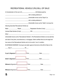RV Ownership Transfer Bill of Sale form preview