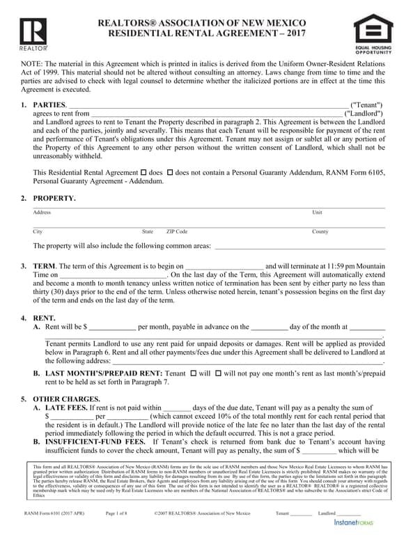 New Mexico Residential Rental Agreement RANM 6101 Update