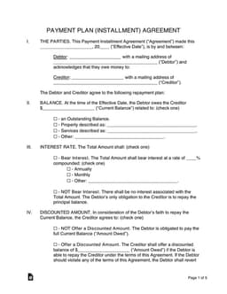 Installment Agreement for Debt Repayment Plan form preview