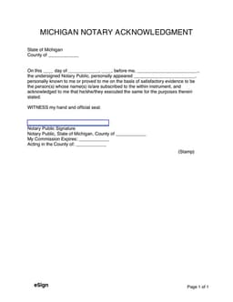 Michigan Notary Acknowledgment Legal Document Certification form preview