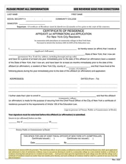 New York City Residency Affidavit for Community College Applicants form preview