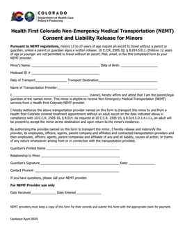 Colorado Minor Medical Transportation Consent and Liability Release form preview