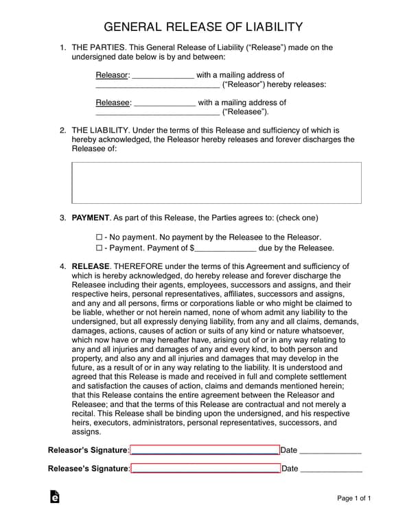 General Release of Liability Document - Waive Future Claims Agreement