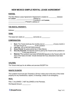 New Mexico Basic Rental Agreement Outline and Terms form preview