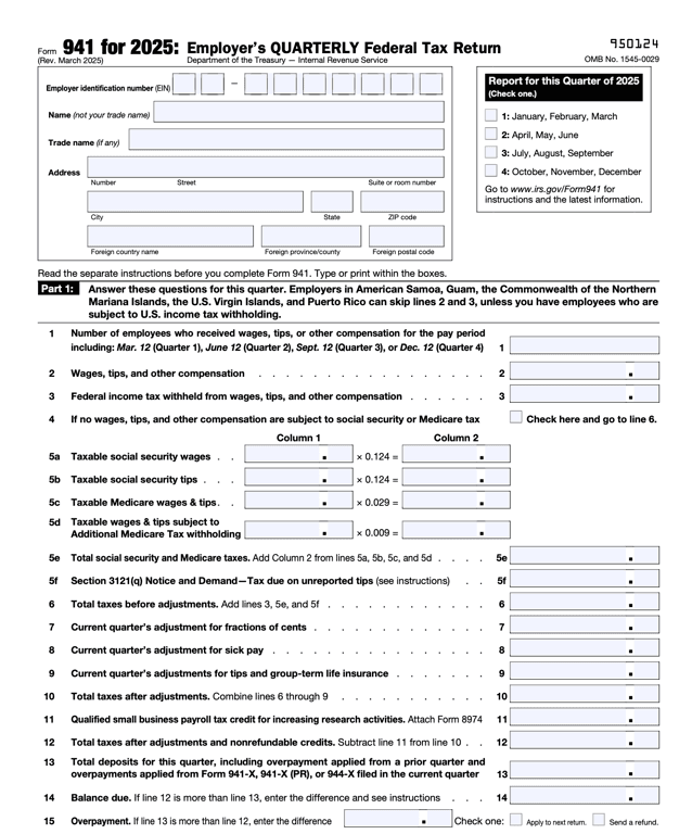 IRS 941 – Employer’s Quarterly Federal Tax Return