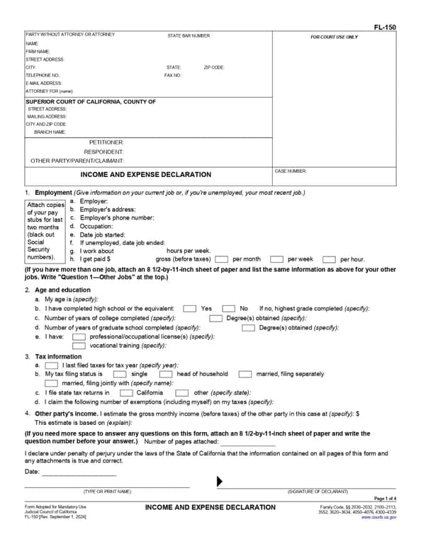 CA FL-150 – Income and Expense Declaration (California)