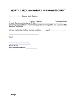 North Carolina Notary Acknowledgment for Signature Authenticity form preview
