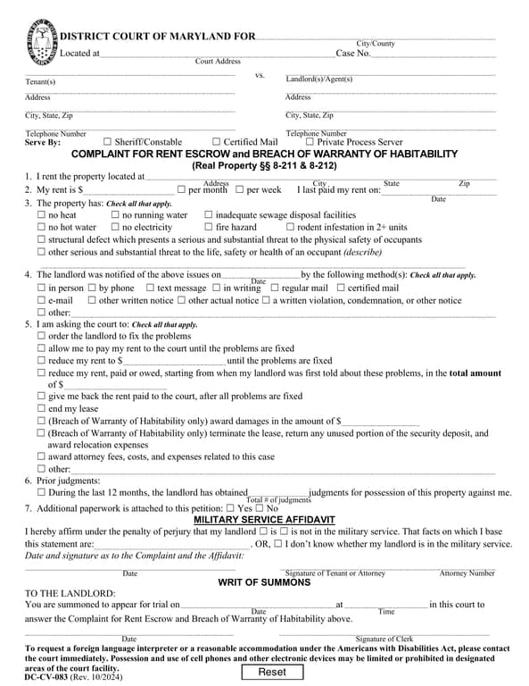 Maryland District Court Tenant Complaint Document for Unsafe Living Conditions