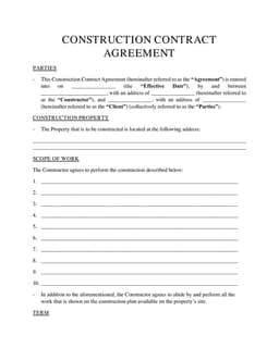 Construction Contract Agreement for Work Scope and Timeline Precision form preview