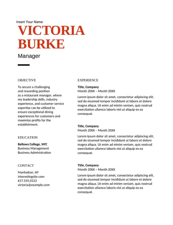 Bold food service resume