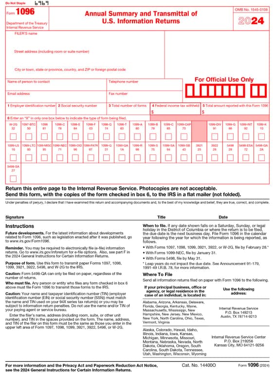 1096 – Annual Summary and Transmittal of U.S. Information Returns