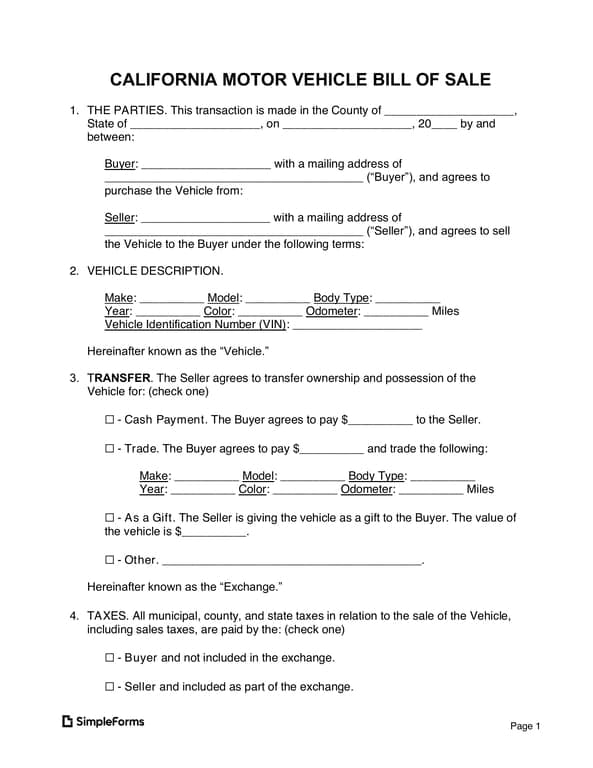 California Motor Vehicle Ownership Transfer Record