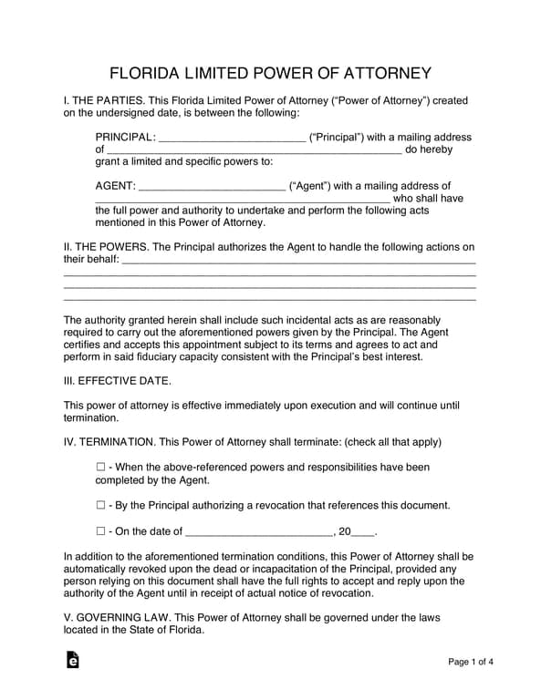 Florida Limited Power of Attorney Official Document