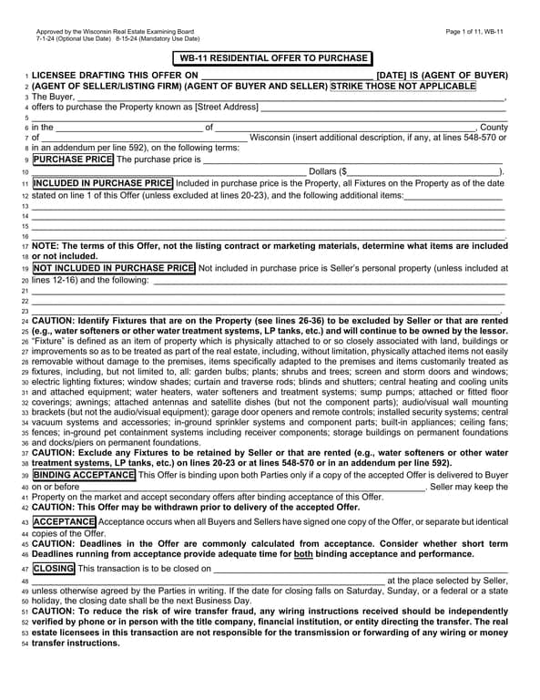 Wisconsin WB-11 Residential Offer to Purchase Overview