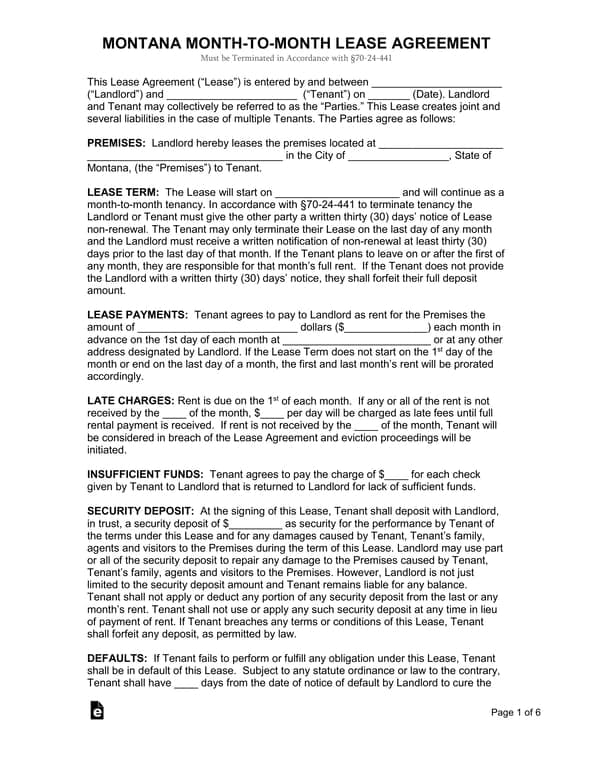 Montana Monthly Lease Agreement and Termination Notice
