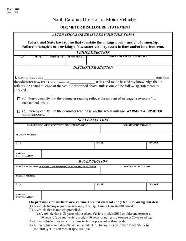North Carolina MVR-180 Vehicle Mileage and Ownership Transfer Document