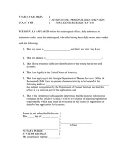 Georgia Personal Identification Affidavit for Licensure Registration form preview
