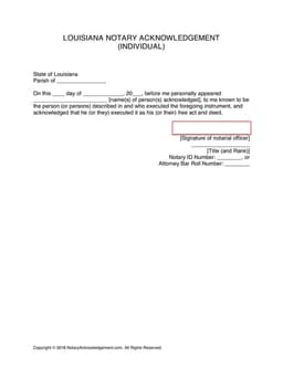 Louisiana Notary Acknowledgement for Legal Signature Authentication form preview