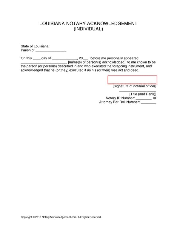 Louisiana Notary Acknowledgement for Legal Signature Authentication