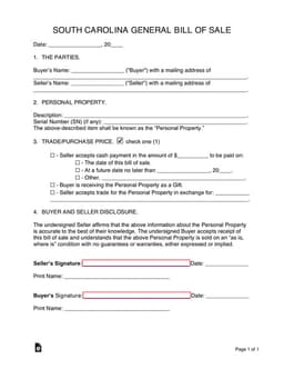 South Carolina General Bill of Sale for Personal Property Transfer form preview