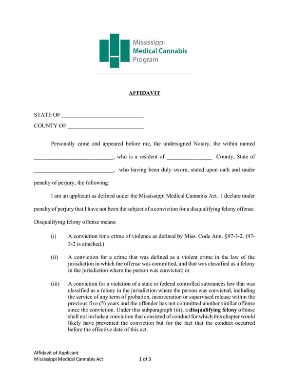 Mississippi Medical Cannabis Act Applicant Affidavit of Identity