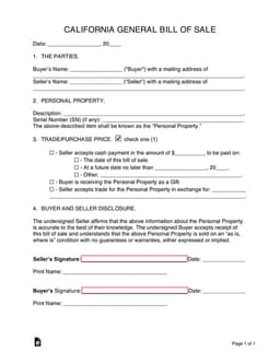 California General Bill of Sale Document Explained form preview