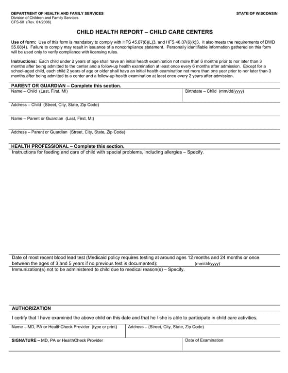 Wisconsin Child Health Report CFS-60 Overview