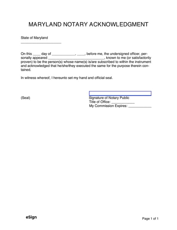 Maryland Notary Acknowledgment for Legal Instrument Verification