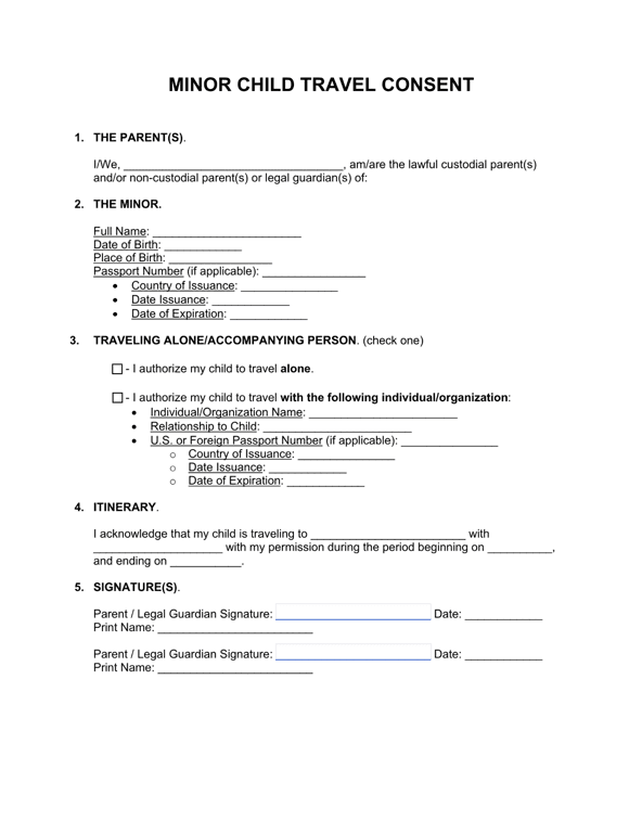 Minor Child Travel Consent Declaration - Domestic Travel Authorization for Minors