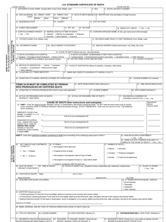 Certificate of Death Form