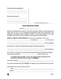 Texas Property Interest Transfer and Confidentiality Notice - Quitclaim Deed form preview