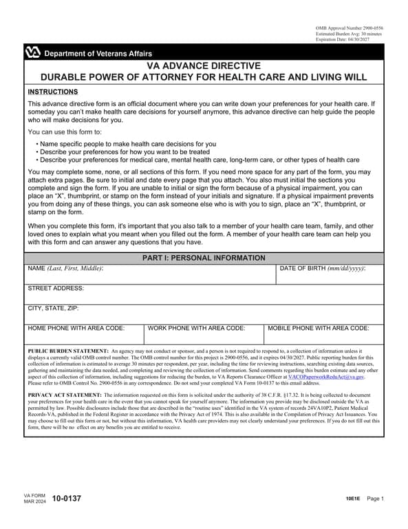VA Health Care Directive 2900-0556 - Express Your Preferences & Appoint Health Decisions Proxy