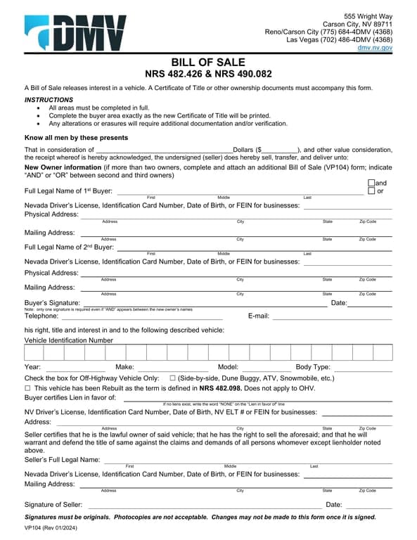 Nevada VP104 Vehicle Ownership Transfer Document