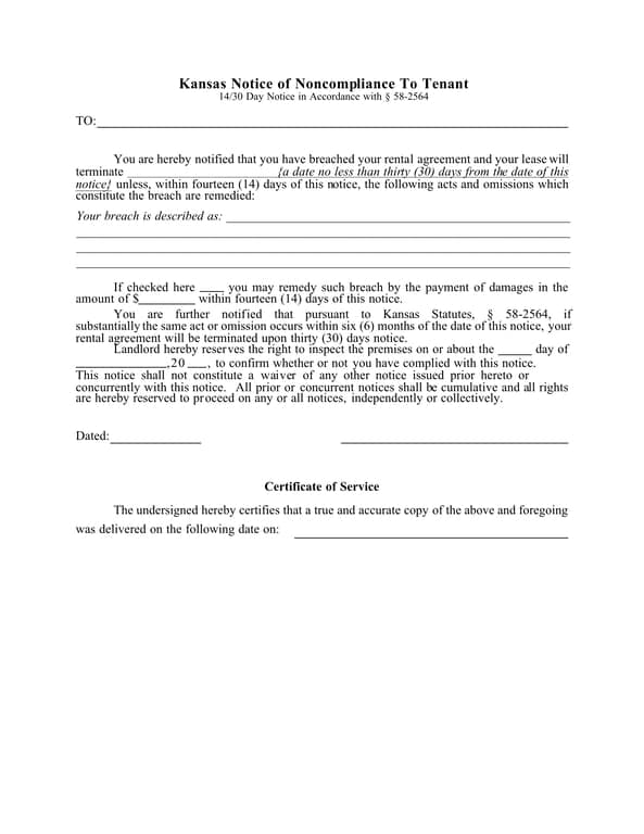 Kansas Statute § 58-2564 Eviction Notice for Noncompliance
