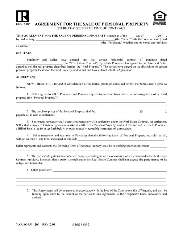 Personal Property Sale Agreement Overview