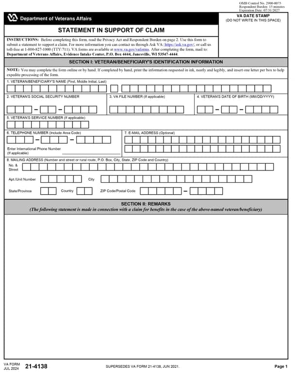Statement in Support of Claim (VA Form 21-4138)