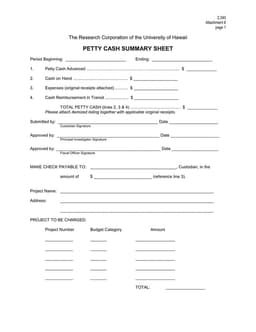Hawaii Petty Cash Summary Sheet for University Research Transactions form preview