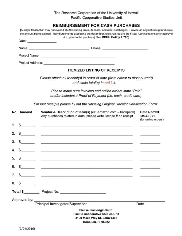 Hawaii University Cash Reimbursement Process for Project Expenses