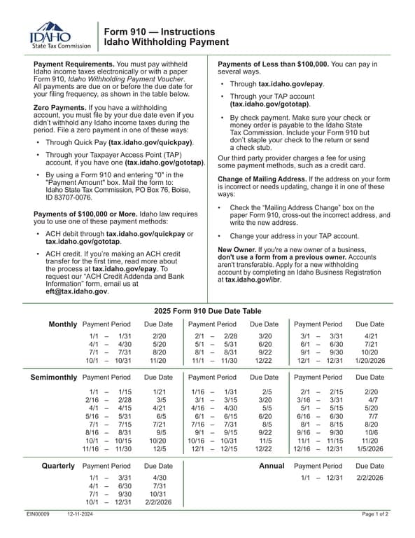 Idaho Taxpayers Form 910 - Submit Withheld Income Taxes and Maintain Withholding Account