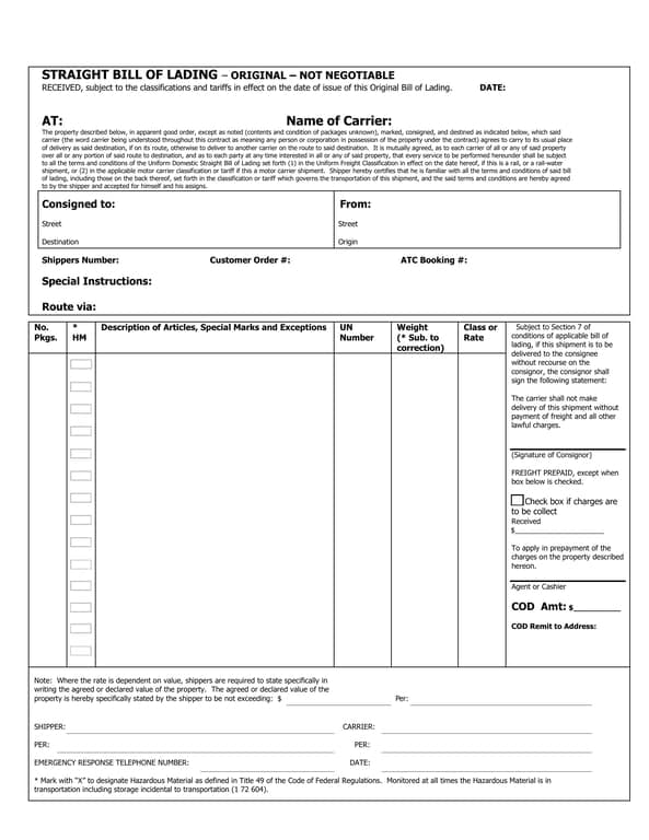 Alaska Straight Bill of Lading - Binding Shipment Contract