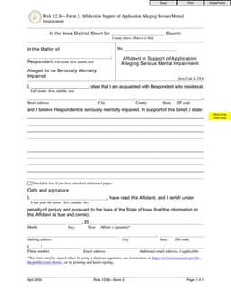 Iowa District Court Affidavit of Support - Form 2 for Mental Impairment Cases form preview