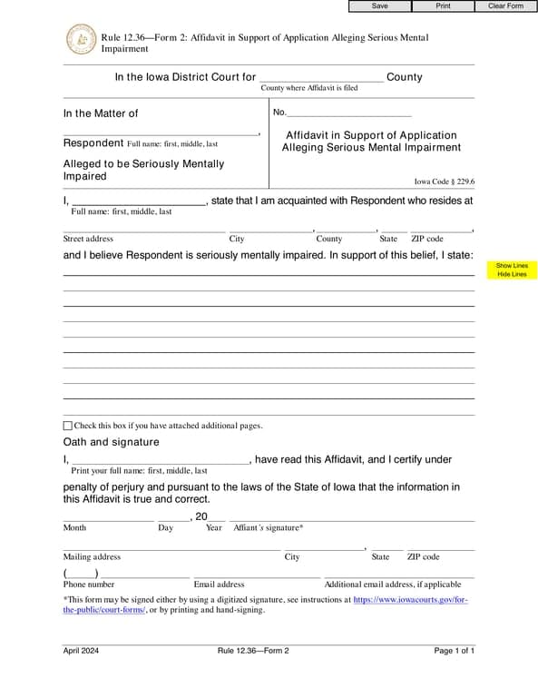 Iowa District Court Affidavit of Support - Form 2 for Mental Impairment Cases